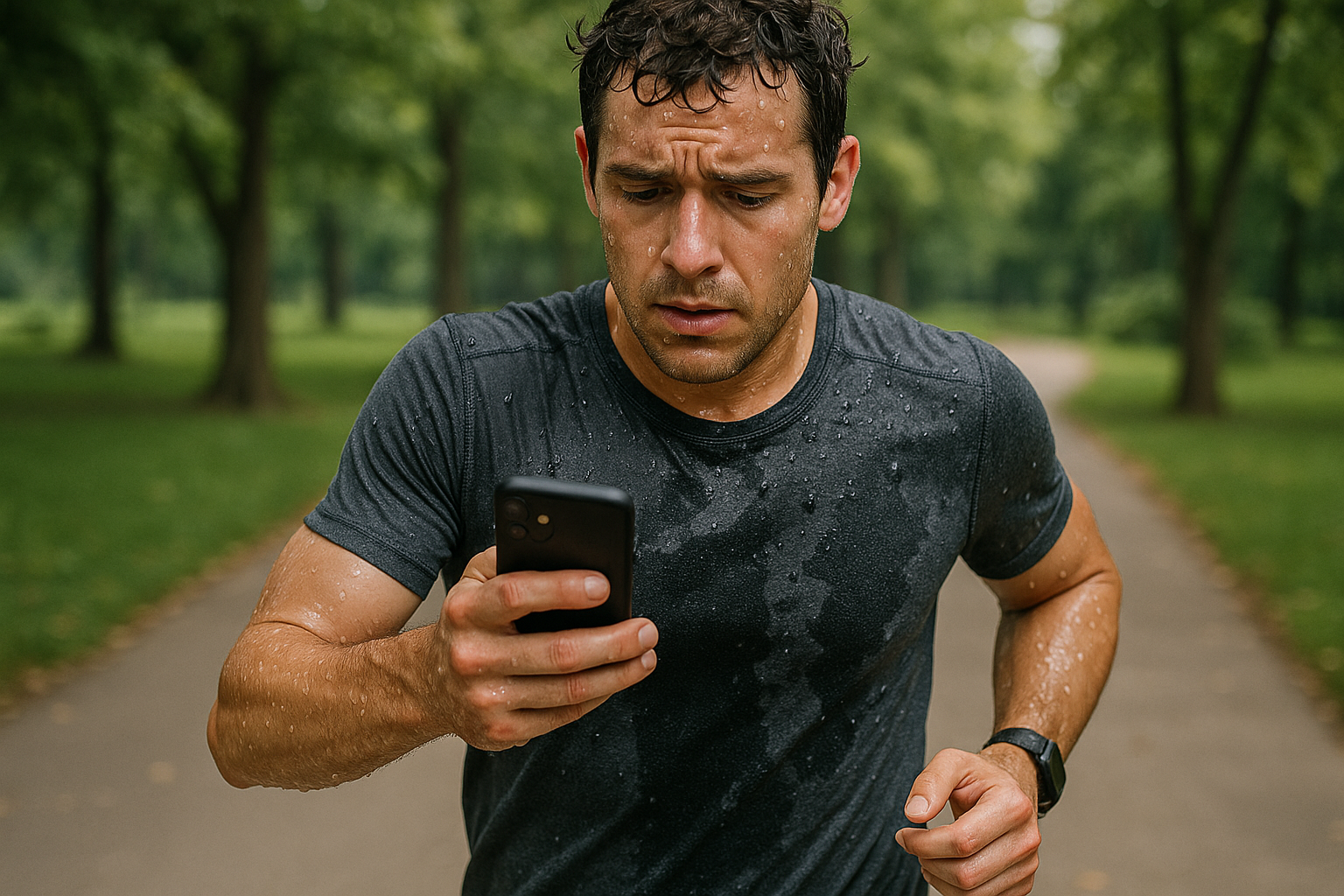 have him look at his phone and be more sweaty