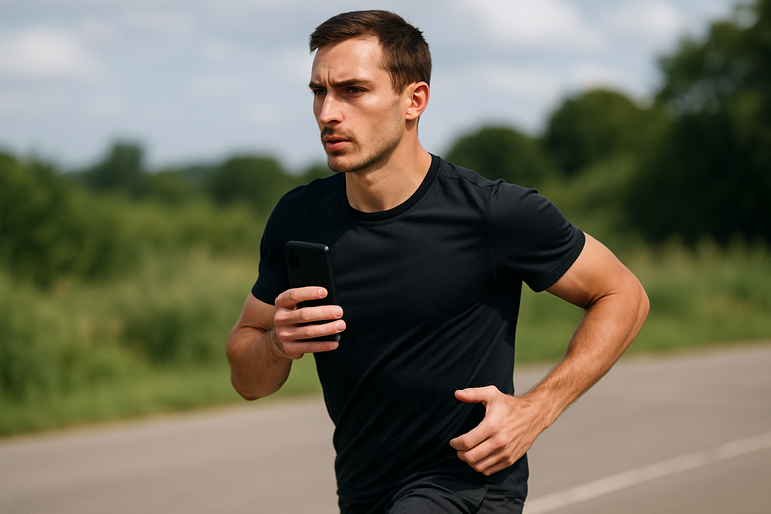 show me a running holding phone close to the body with tightness in shoulders but not overly tight. 